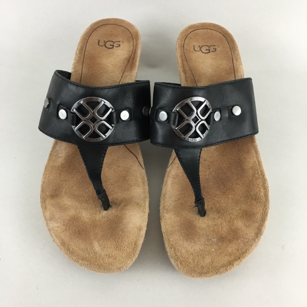 Ugg Cork Wedge Thong Sandals Black Leather  6.5